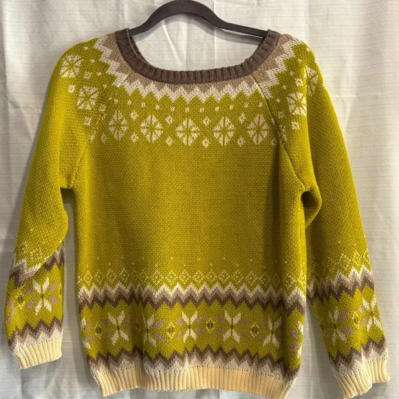 MISSLOOK women’s crewneck sweater size Med brown/cream/chartreuse - Picture 2 of 9